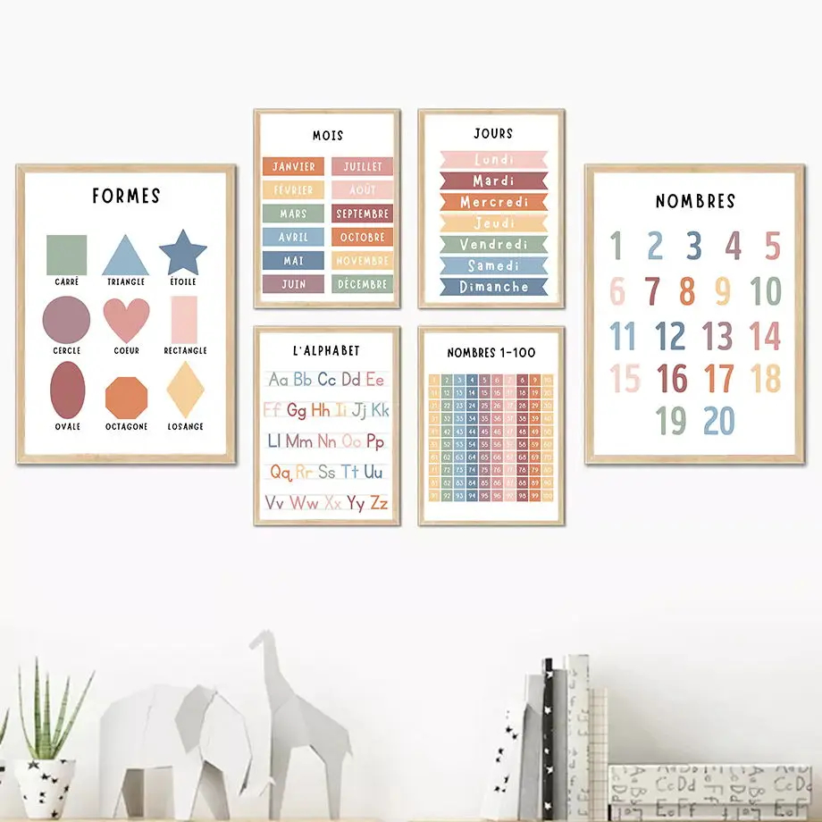 アルファベットとフランス語の数字のキャンバス絵画,教育アート - Kids Educational Posters のレビューと価格