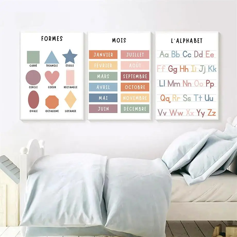 アルファベットとフランス語の数字のキャンバス絵画,教育アート - Kids Educational Posters のレビューと価格